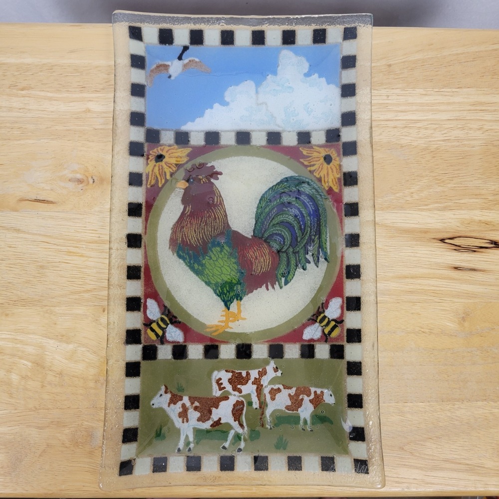 Peggy Karr Fused Glass Platter Tray Rooster Cows Farm Scene Checkerboard Signed